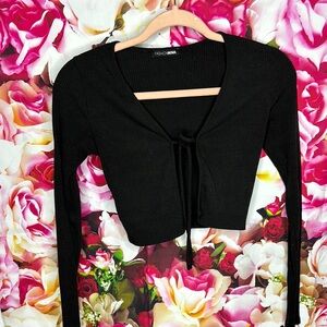 Fashion Nova Black Ribbed Tie-Front Top